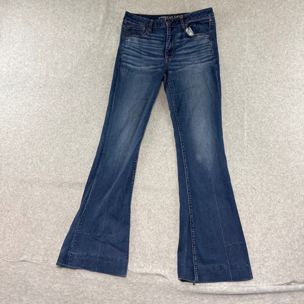 American Eagle Hi-Rise Slim Flare Jeans Womens 12 X-Long Blue Stretch Dark Wash